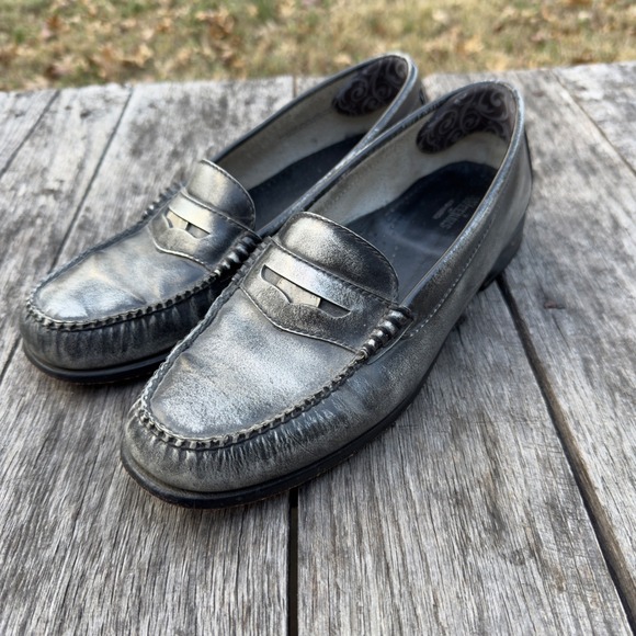 GH Bass Weejuns Wayfarer VII Penny Loafers Mens 9M Metallic Silver Black Leather